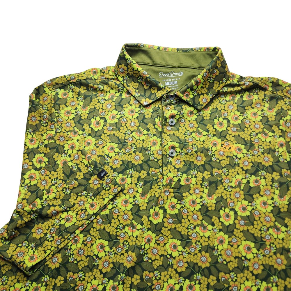 Good‎ Good Golf Mens M Floral Performance Polo Shirt Green Yellow Short Sleeve